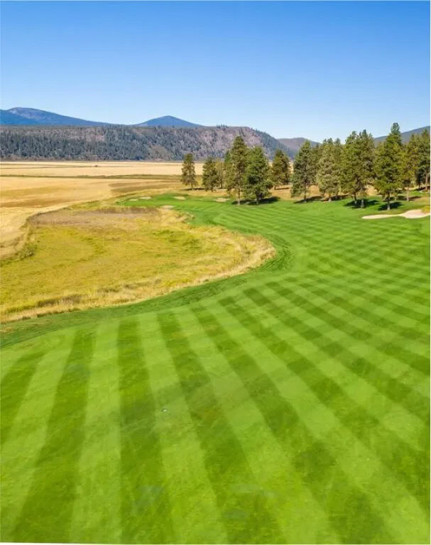 Vibrant green golf course with rolling fairways and surrounding nature at Running Y Resort.