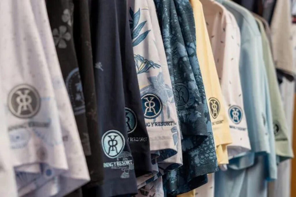 Colorful Resort-themed shirts on display at Running Y Resort.
